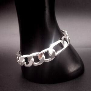 925 Sterling Silver Figaro Bracelet 8 in. x 12 mm. Thick Men's Fashion Gift NEW!